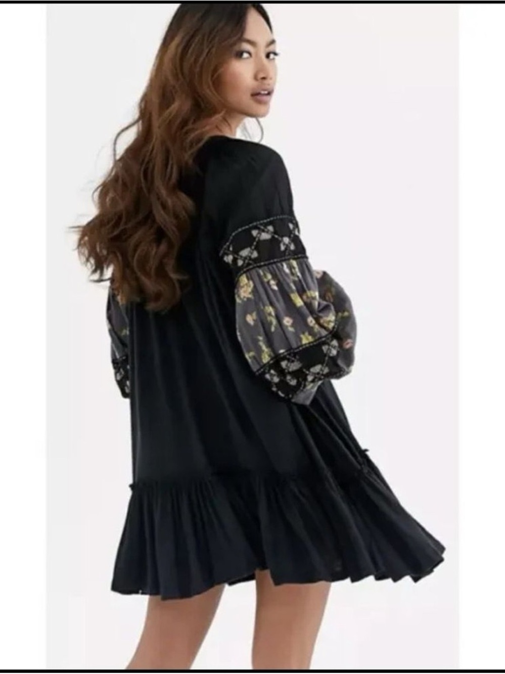 Free People Mix it Up Black Mini Tunic Dress with Floral Balloon Sleeves - Picture 2 of 14